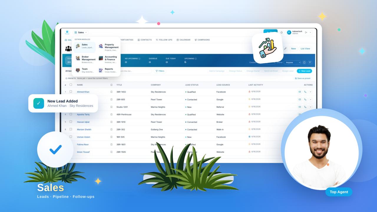 Estron — Sales, Property and Broker modules with leads, tasks, contacts and closed-deal charts
